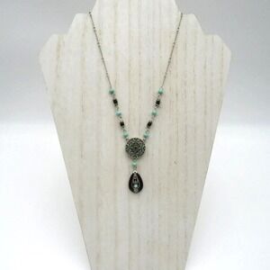 Nina Ricci‎ Signed Pendant Necklace Silver Tone Turquoise Bead Teardrop Filigree